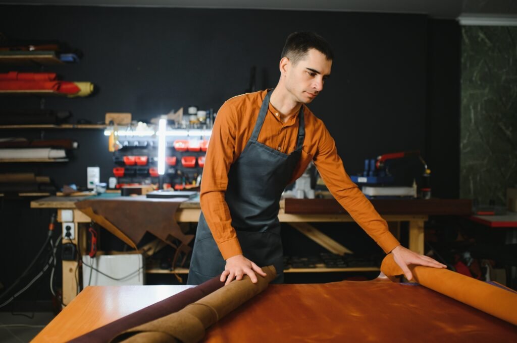leather craftsman is carefully to make a leather product for a customer. Leather craftsman concept