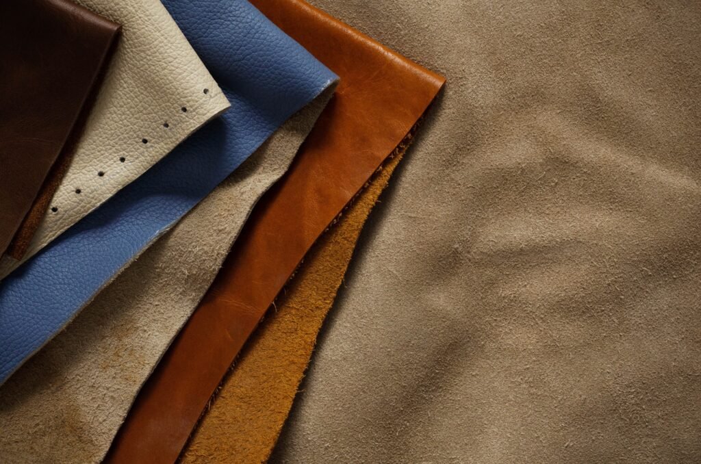 Leather stacked on floor